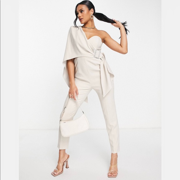 NEW SEASON gorgeous Lavish Alice One shoulder cape jumpsuit in champagne - Picture 2 of 7